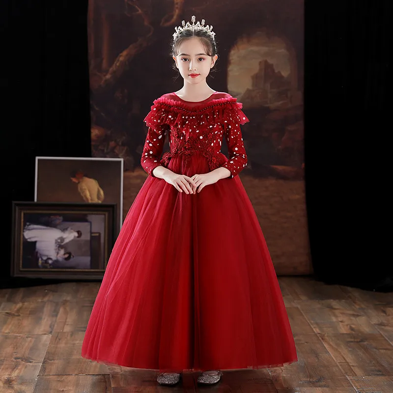 

Children Girls Luxury New Long Sleeves Birthday Party Princess Fluffy Dress Elegant Kids Teens Piano Costumes Communication Wear