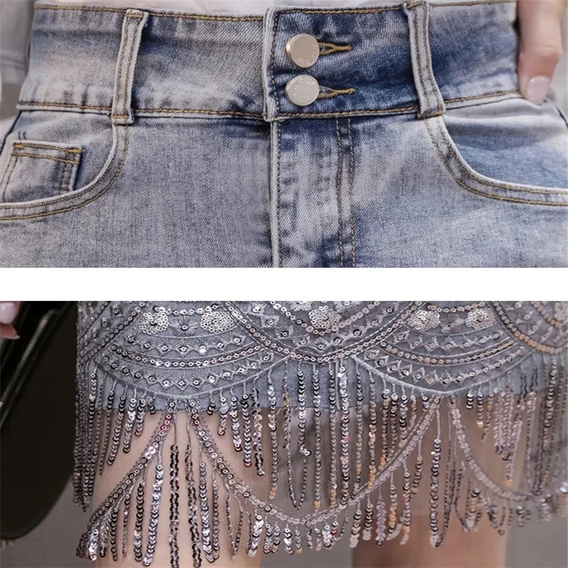 

Women's summer sequin embroidery stitching denim skirt high waist sexy blue bag hip mini fashion beaded tassel Jupe Femme 2020