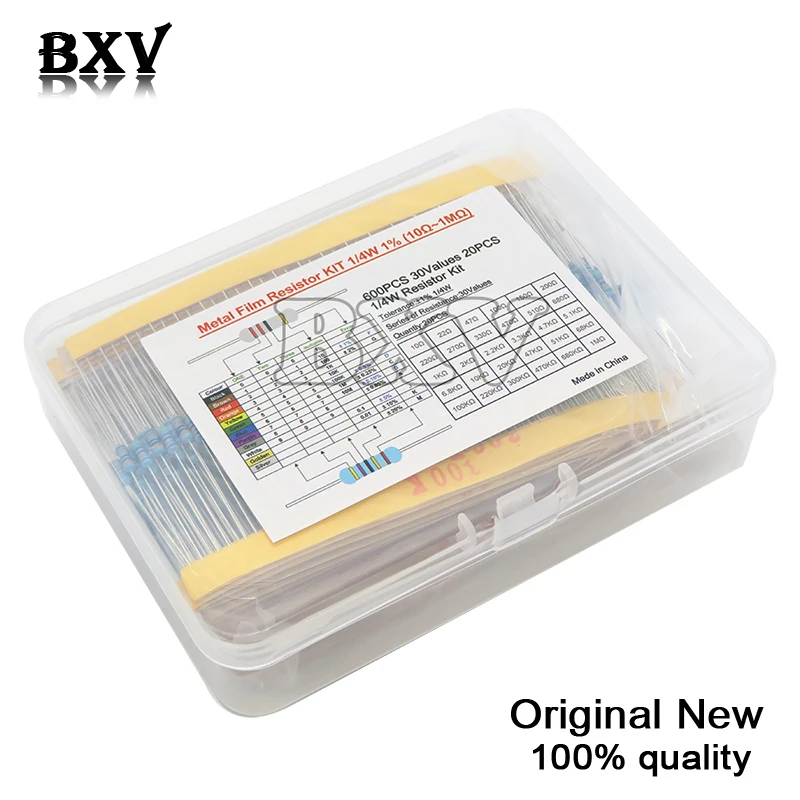

600PCS 30Values* 20PCS 1% 1/4 W Resistor Pack Set Diy Metal Film Resistor Kit Use Colored Ring Resistance (10 Ohms~1 M Ohm)