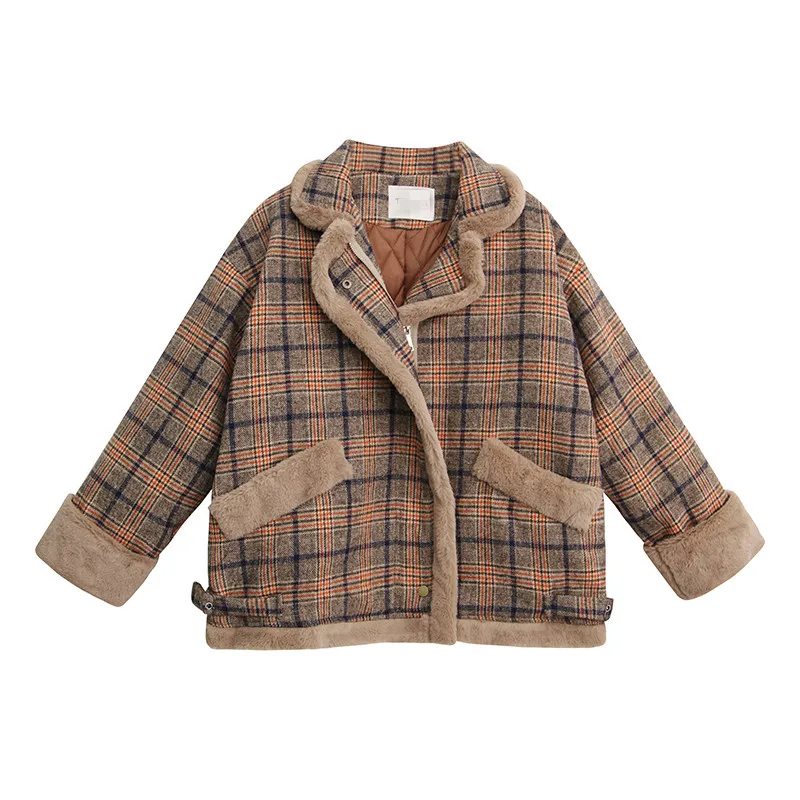 

jacket cotton short coat women autumn winter Korean loose thickened cotton jacket fur integrated plaid coat fashion
