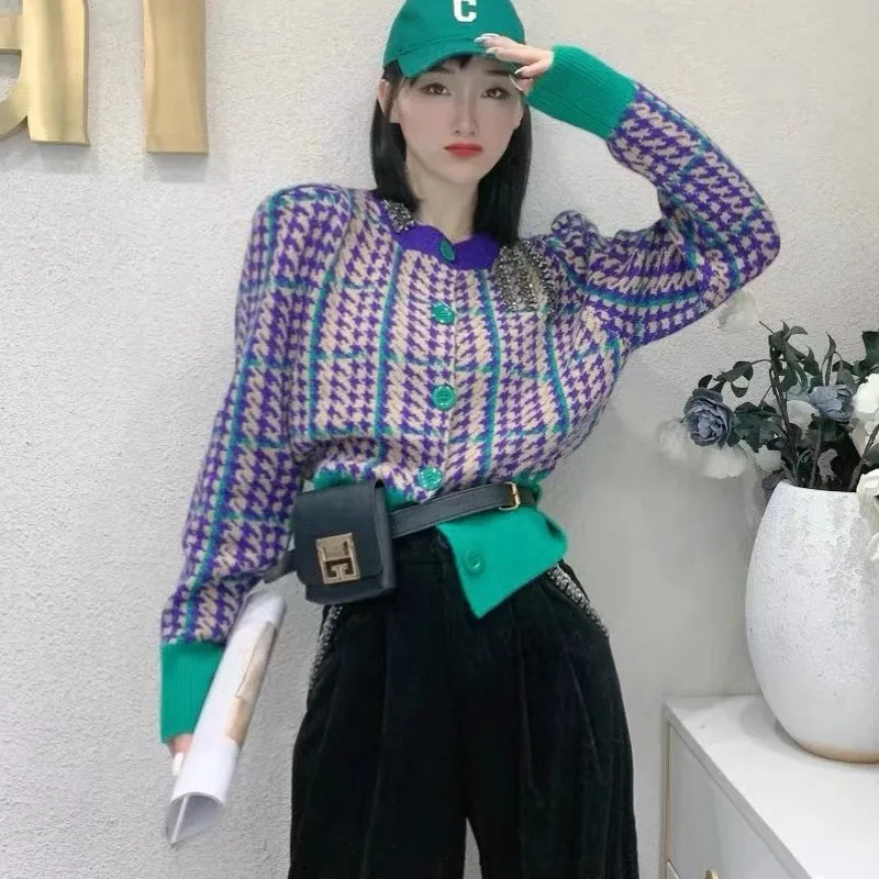 

Runway Fall Spring Korean Elegant Single-Breasted Plaid Women's Cardigan Sweater Knitted Long Sleeve O Neck Coat Top