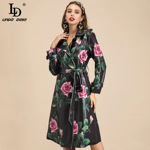 LD LINDA DELLA модный подиумный весенний длинный плащ из искусственной кожи, Женское пальто с отложным воротником и поясом, винтажное пальто с принтом розы, верхняя одежда