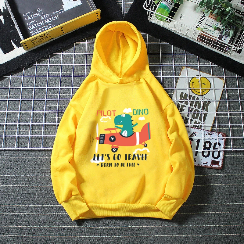 

New Boys' Hoodies Big Dinosaur Print Tops Spring Autumn Street Style Jumper 3-14T Long Sleeved Cotton For Girls Pink Clothes