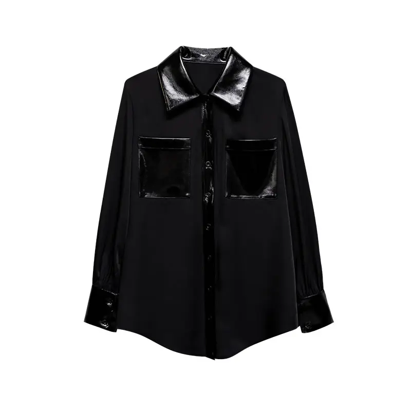 

XITAO Patchwork Pu Women Shirt Black Trendy Fashion New Style Turn Down Collar Long Sleeve Single Breasted Elegant Top WLD6124