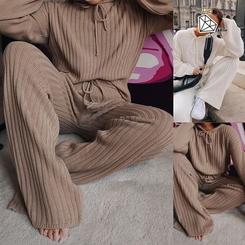 

Autumn 2Pieces Set Ribbed Knitted Women Suits Long Sleeve Hooded Drawstring Sweater And Lace Up Pant Streetwear Casual Lady Suit