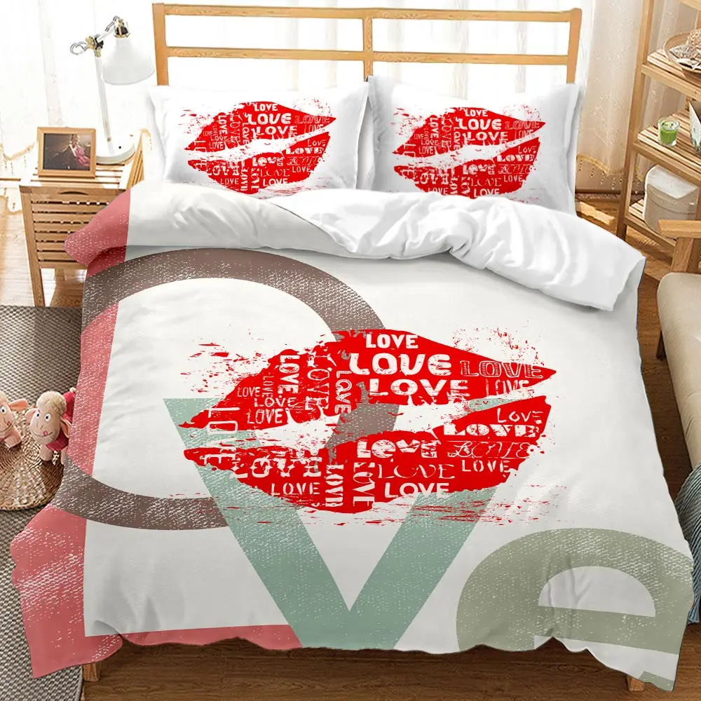 

Red lips twin queen bedding set luxury full size bed sheets sets pink king bed comforter set duvet cover bedroom pillowcase