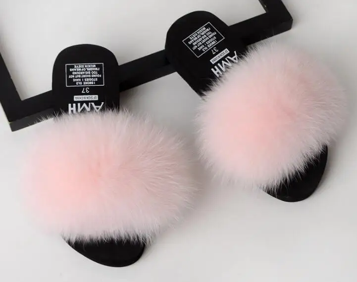 light pink Женские разноцветные пушистые тапочки с лисьим мехом; женские заколки-невидимки с натуральным лисьим мехом; меховые Вьетнамки; обувь на платформе; женские босоножки на танкетке - Цвет: light pink