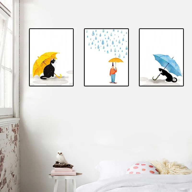

Canvas Painting Cartoon Cat Umbrella Simple Posters and Prints Room Decor Wall Art Posters for Home Decoration Frameless