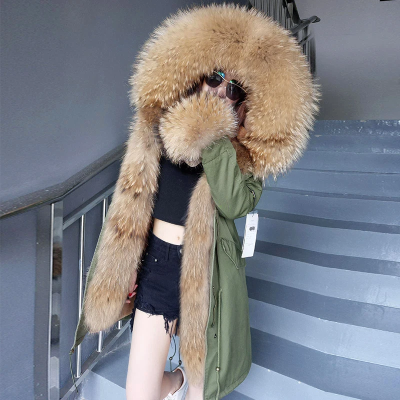MAOMAOKONG Luxury Winter Real Fur Coat Women Jacket Fur Collar Natural fox fur lining Raccoon Hooded Parkas Top Fashion