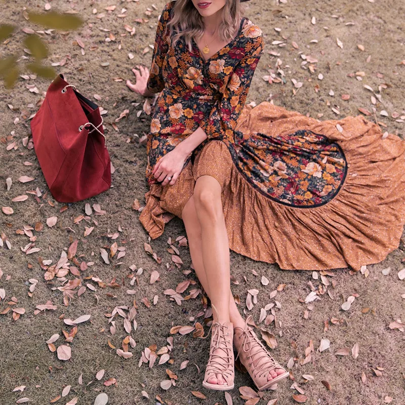 

DUISNENA long boho dress floral Print women dresses Irregular hemline v-neck khaki holiday robe dress vestidos