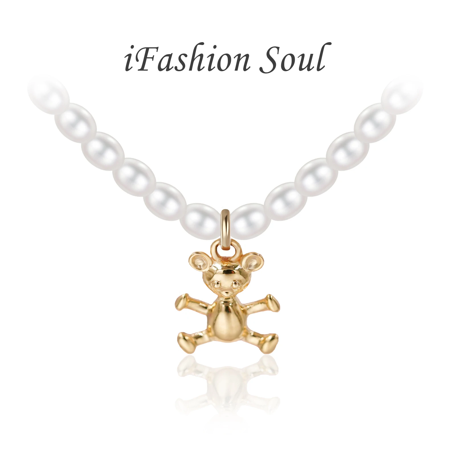 

18K Gold Natural Pearl Little Bear Necklace Bracelet Jewelry(AU750)Sets Engagement Bridal Wedding Gift for Women Lady Customize
