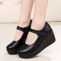2021 spring genuine leather women pumps platform wedges round toes ankle strap high heel women shoes