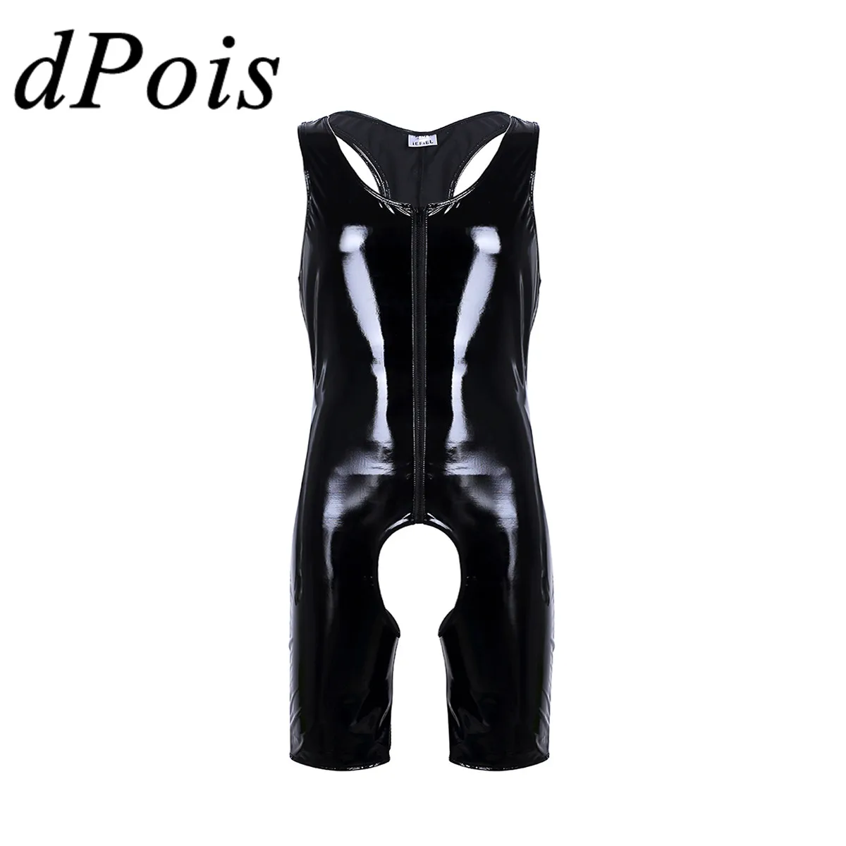 Мужской костюм из кожи Wetlook цельный латекса с молнией спереди и открытой