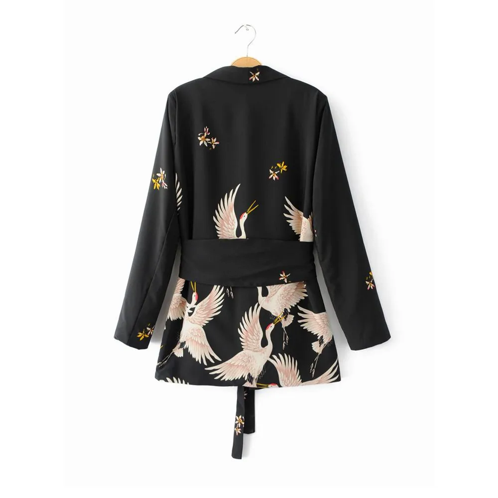 Женский пиджак с поясом Черный Повседневный приталенный принтом птиц верхняя