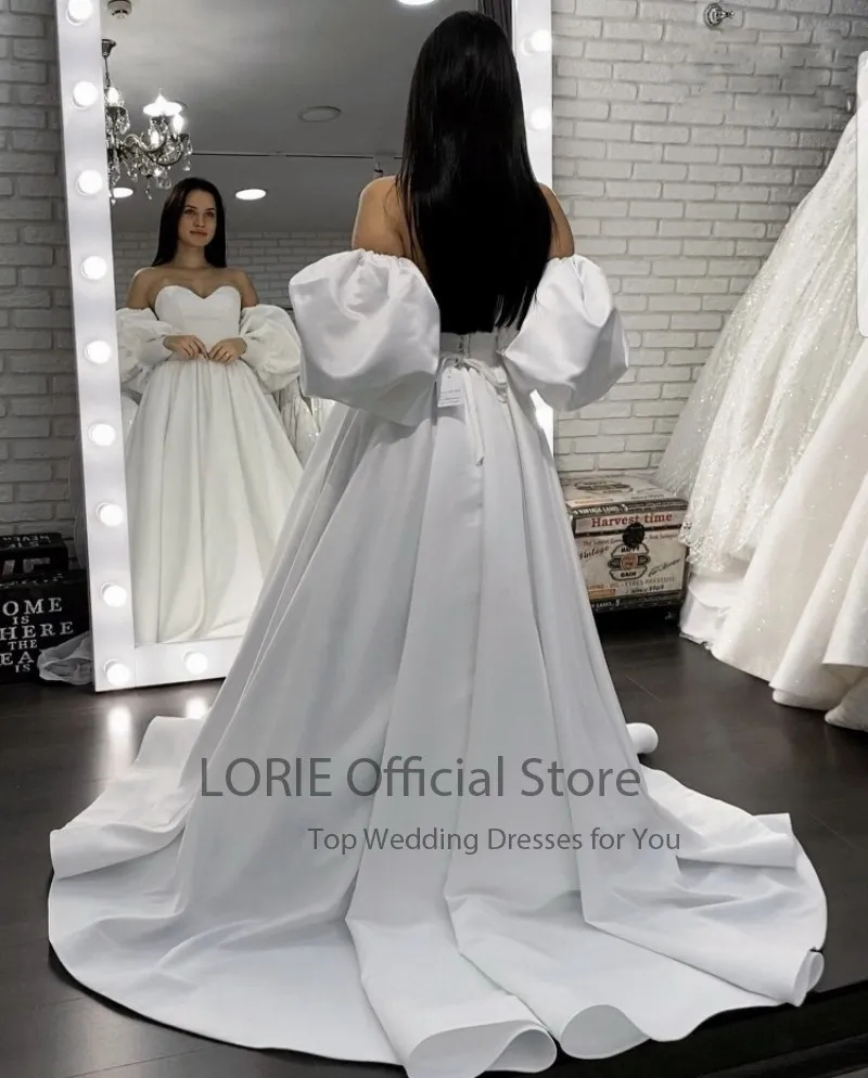 

LORIE Vintage Wedding Dresses Sweetheart A Line Simple Wedding Gown Satin White Ivory Long Puffy Sleeves Bride Dress 2021
