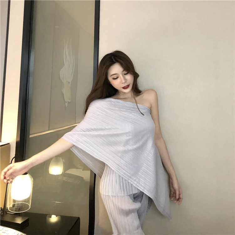 

2021 Spring Women's Fashion Solid Color Long Pant Suit Elegant Shoulder-Baring Lady Multiple Wear Shawl Sun-Proof Set Two-Piece