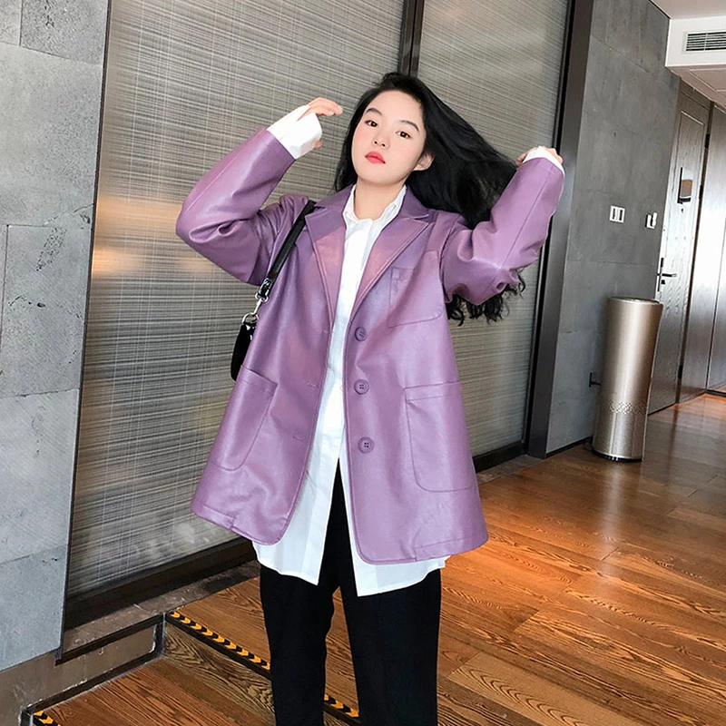 Куртка женская кожаная с большими карманами элегантная Верхняя размера плюс из