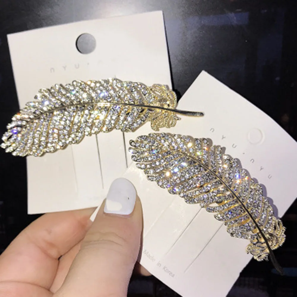 Модные стразы роскошные блестящие заколки для волос женщин с принтом перьев