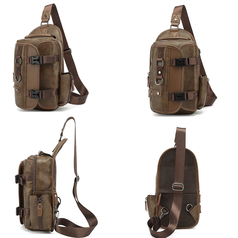 

Men's Retro Multifunction Shoulder Bag Crossbody Bag Man Waterproof PU Leather Travel Sling Messenger Pack Chest Bag for Male