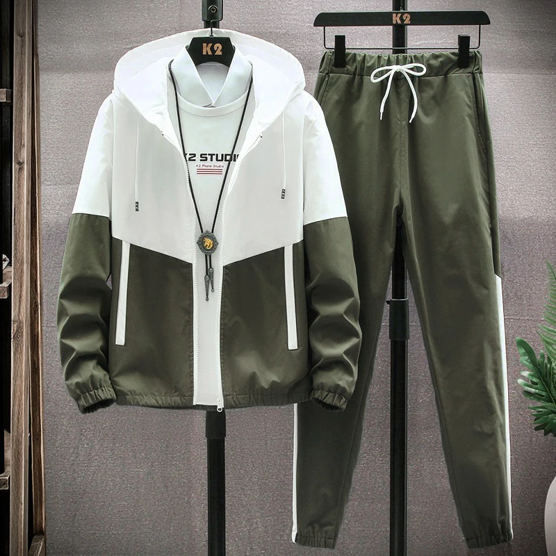 

Men Tracksuit Casual Hoodies Sets Nice Spring Pop Male Jackets+Pants Two Piece Sets Hip Hop Streetwear Sports Suit Patchwork