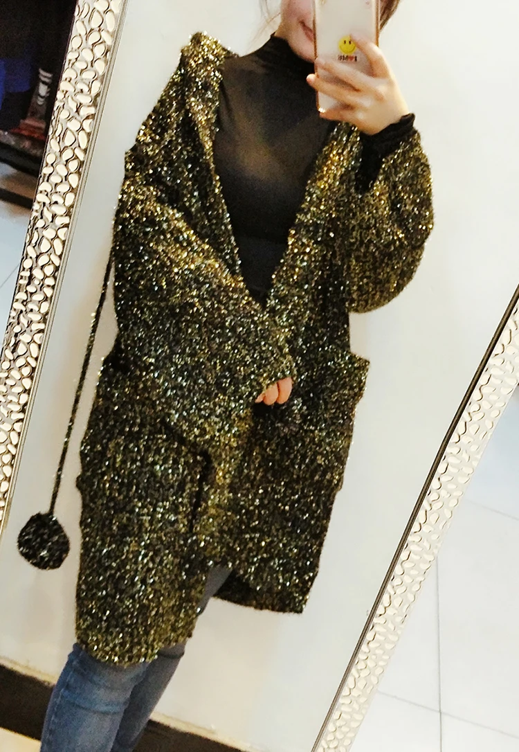 Cakucool блестящие женские золотые люрекс Открыть стежка Bling блестками Длинные кардиганы Свободные Корея свитер с капюшоном вязаное пальто Верхняя одежда для женщин - Цвет: black gold