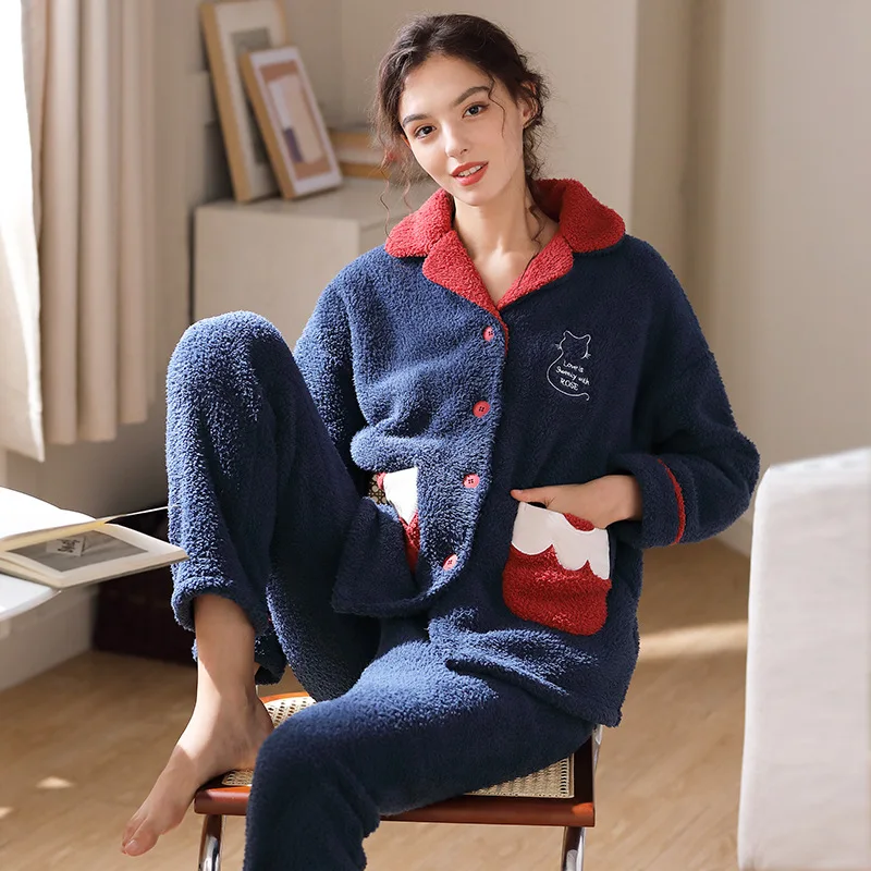

Nightwear Women's Autumn Winter Thickened Warm Girls Suit Coral Velvet Sleep Wear Pajama Set 37 Constant Temperature