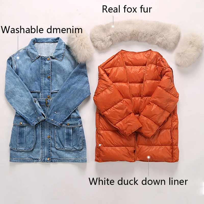 Зимняя женская джинсовая куртка с натуральным лисьим мехом пальто подкладкой из