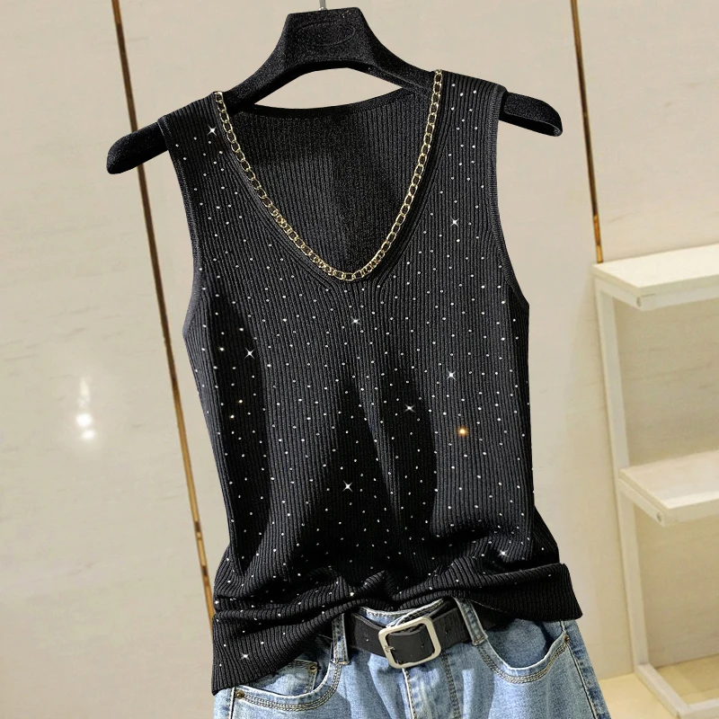 

Shine Beaded Black Knitted Women Camis Summer V-Neck Slim Elastic All Match Buttoming Office Lady Pulls Tops Tees