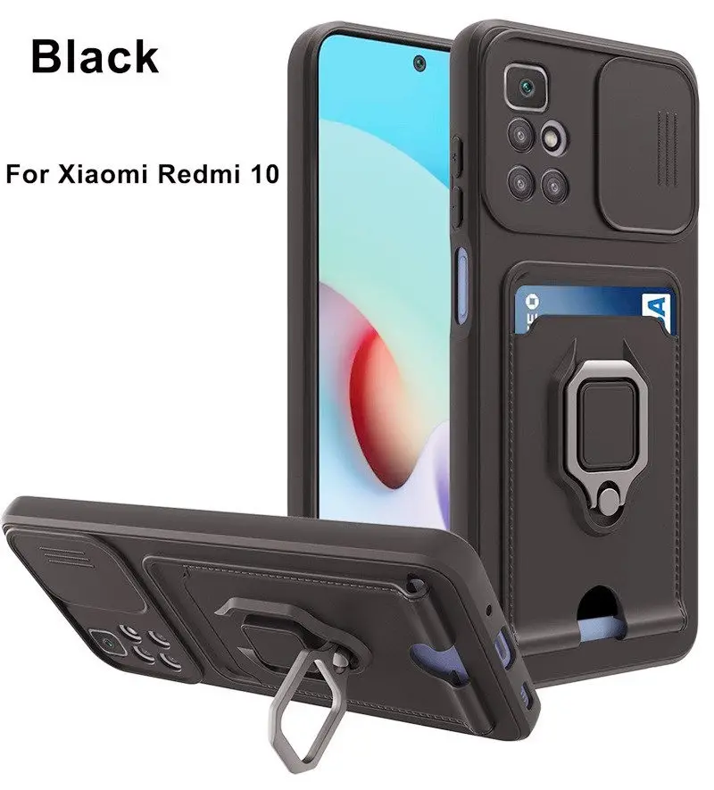

Бронированный противоударный чехол-кошелек для карт и телефона Xiaomi 11 Lite, Redmi 10, Note 10 Pro, POCO X3, магнитное кольцо, подставка, держатель, задняя крышка