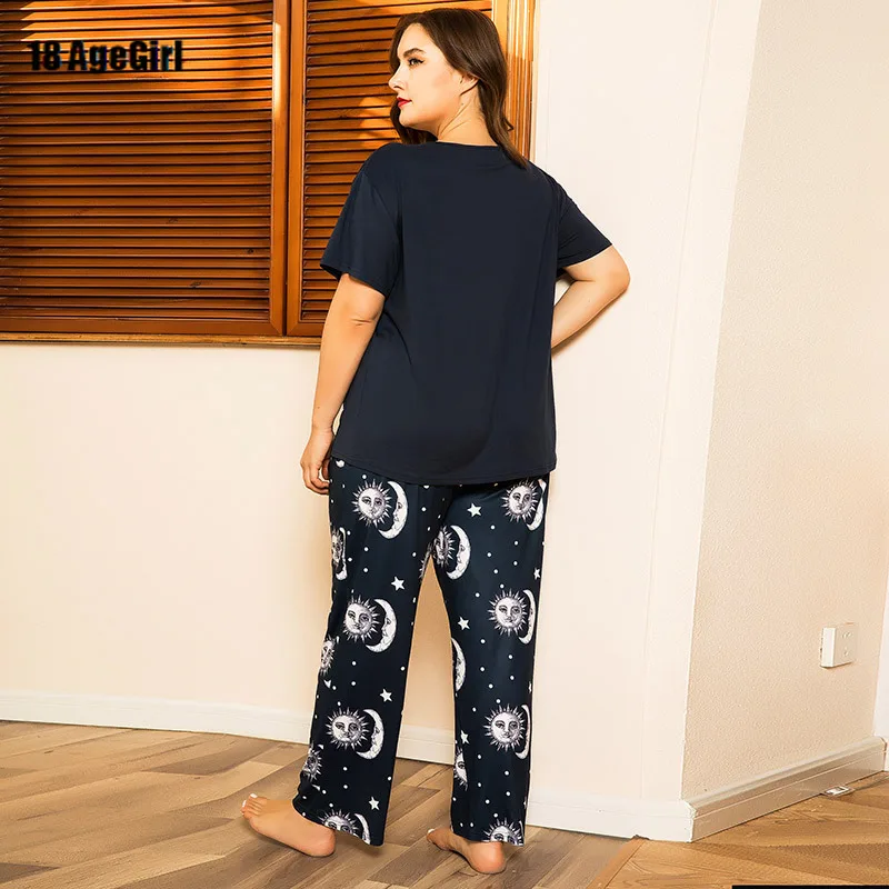 

Plus Size 2 Piece Set Women 4xl Ladies Short Sleeve Sun Moon Printed Pajama Set Large Size Home Wear Night Suit Sleepwear