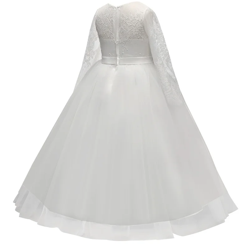 

Long Gown Girl Kids Sheer Sleeve Formal Party Dress Girls Wedding Elegant Holy Communion Lace Tulle Flower Girl Dresses