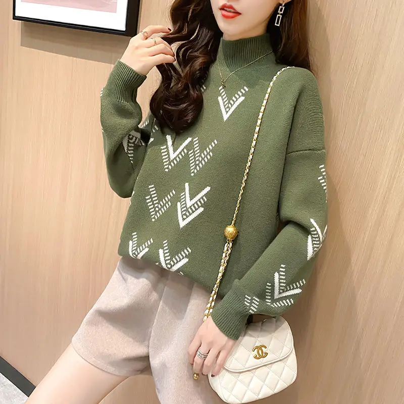 

Jacquard Sweater Women's Half Turtleneck Pullover New Autumn and Winter Korean Version Loose Versatile Bottoming Shirt Top