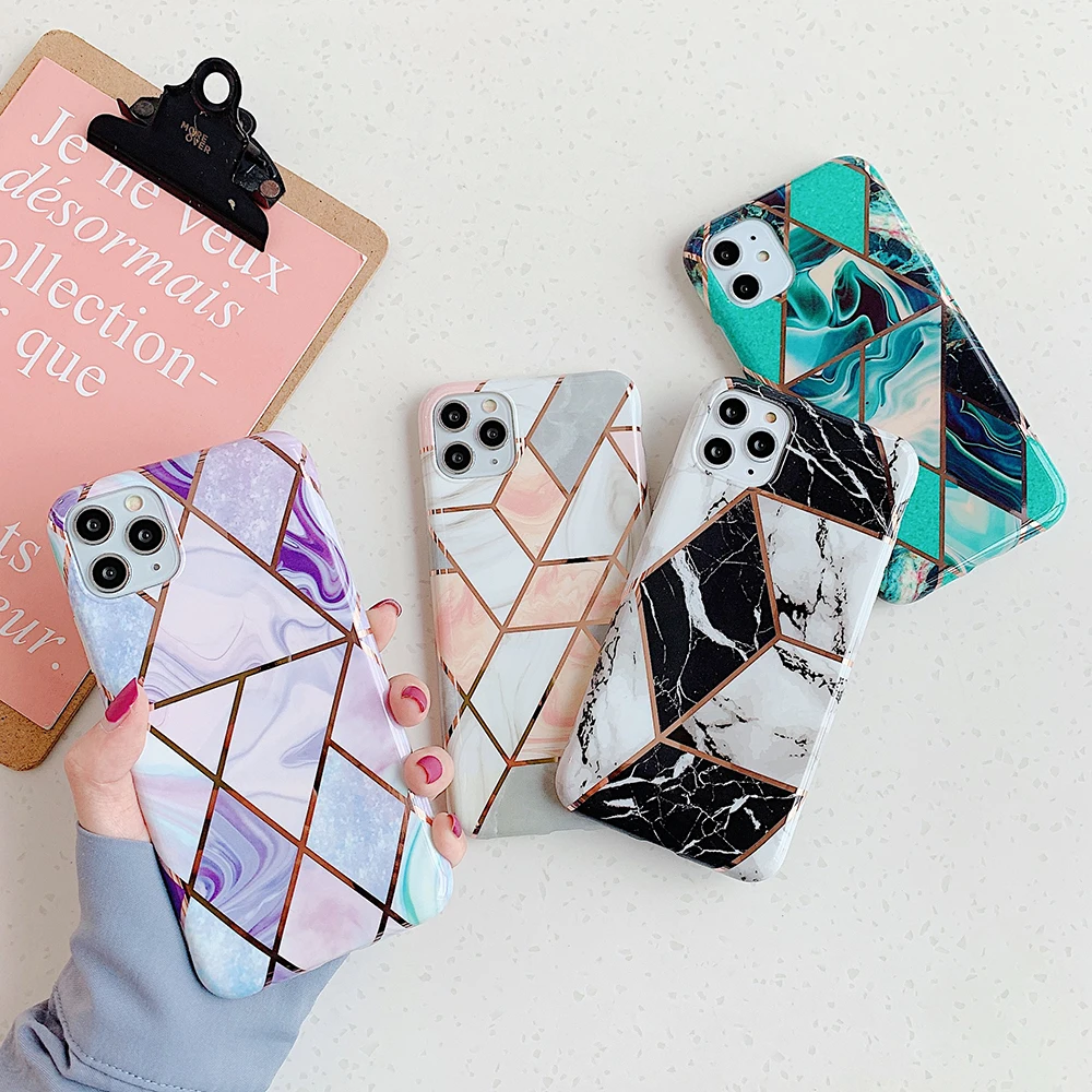 Geometric Splice Marble Finger Ring Phone Case For iPhone 11 Pro Max XR XS 7 8 6 Plus Soft IMD Plated Line Cover | Мобильные
