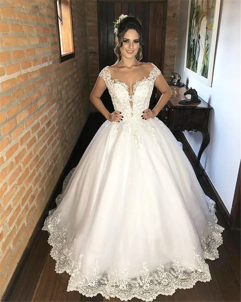 

Новинка 2021, модное свадебное платье на заказ, бальное платье с коротким рукавом, пышные тюлевые кружевные винтажные Свадебные платья с жемч...