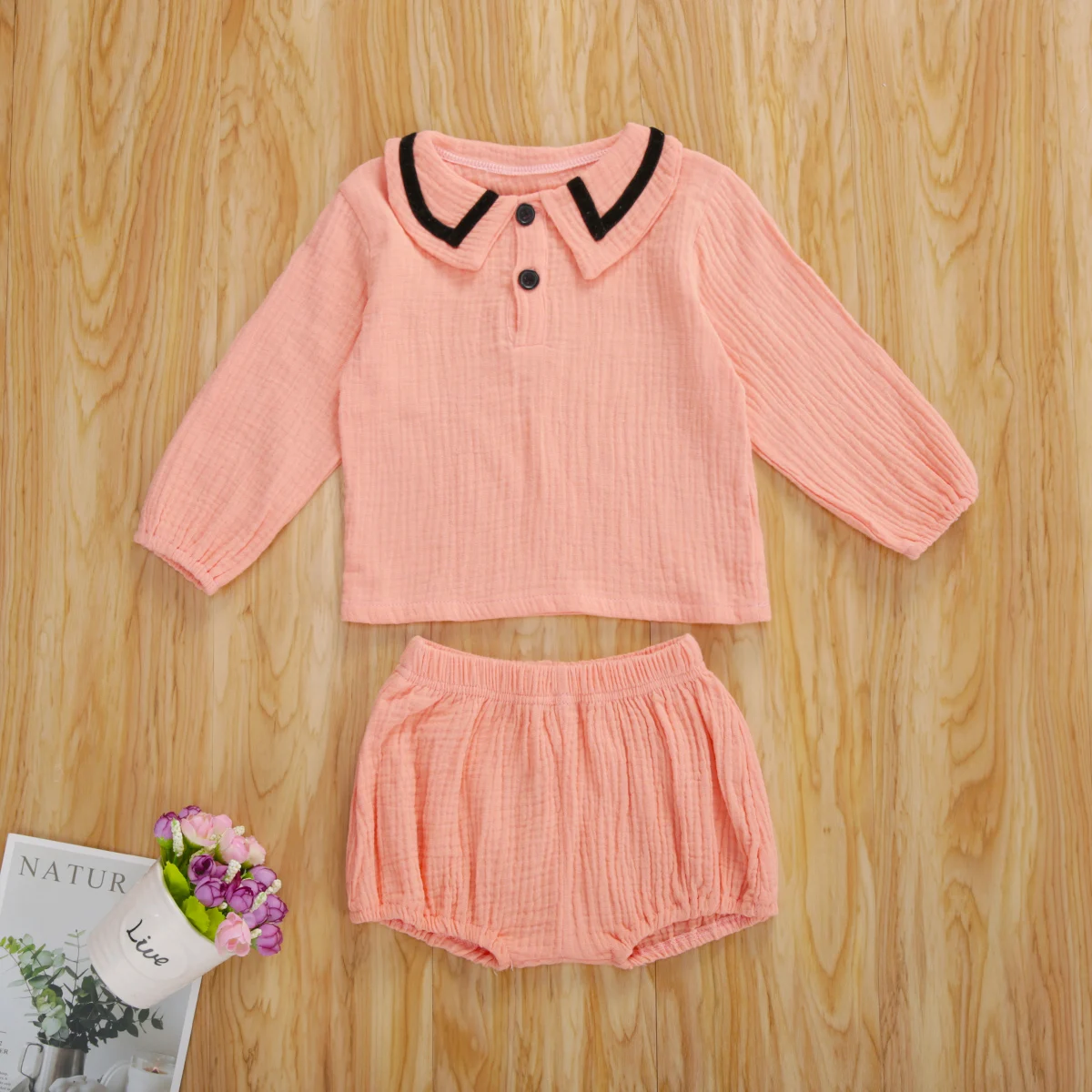 

2 Pcs Infant Solid Color OutfitsToddler Long Sleeve Lapel Top Elastic Waist Shorts Baby Girl Casual Clothes Set