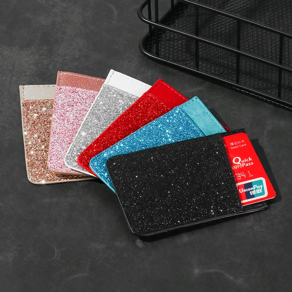 1PC PU Leather Sequins Cell phone Pocket Credit Card Holder For Phone Card Holder Sticker Adhesive Pouch Wallet Case
