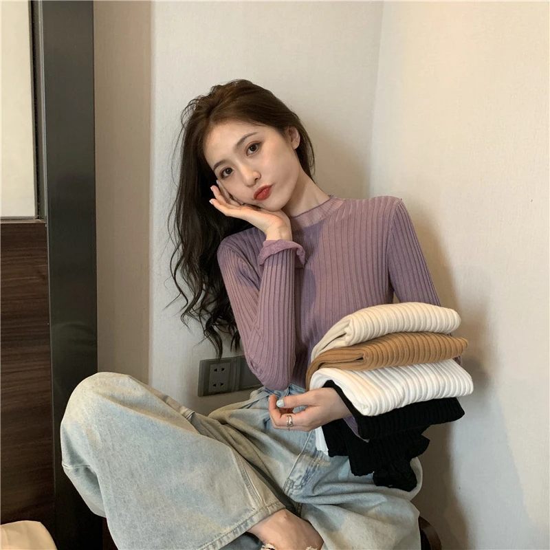 

Женский однотонный вязаный свитер, повседневный джемпер в рубчик, облегающий теплый мягкий джемпер с круглым вырезом, Осень-зима