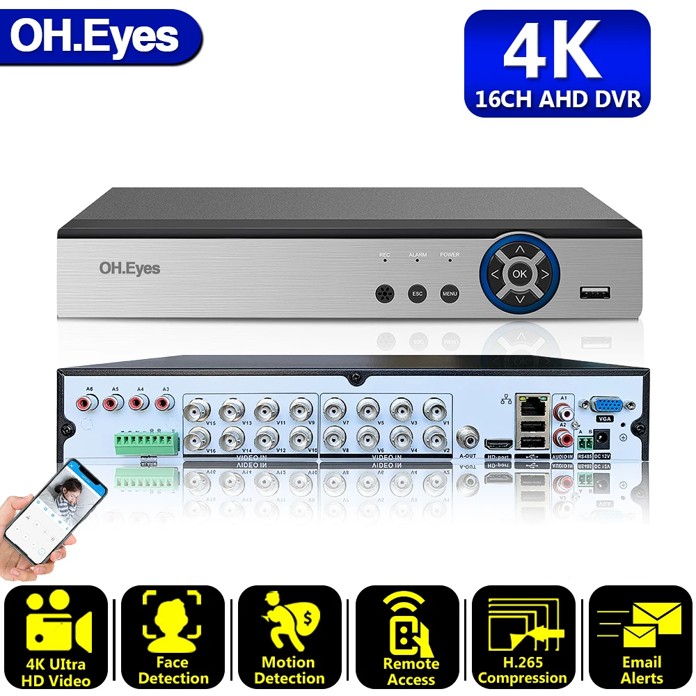 

H.265 + 16CH 4K Ultra HD CCTV AHD DVR рекордер 6 в 1 8MP распознавание лица AHD NVR видеонаблюдение охранная AHD IP камера