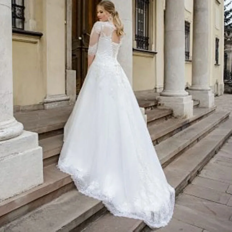 

A Line Wedding Dress 2021 With Half Sleeve Custom Made Lace Appliques Bride Gowns Plus Big Size