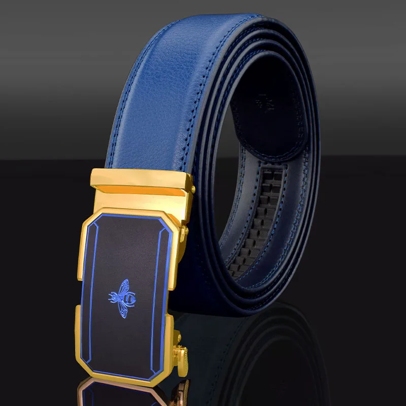 Belt for men Cow Leather Automatic Buckle Men Belt 3.5CM Width Blue Male Waist Belt Fashionable Plus Size 90-130CM Trouser Belt