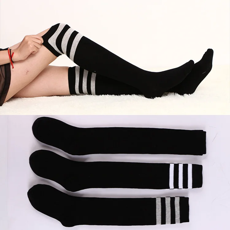 

Autumn and Winter Calf Knee High Socks Ladies Japanese College Style Cotton Black and White Striped Long Tube Three Bars Sexy
