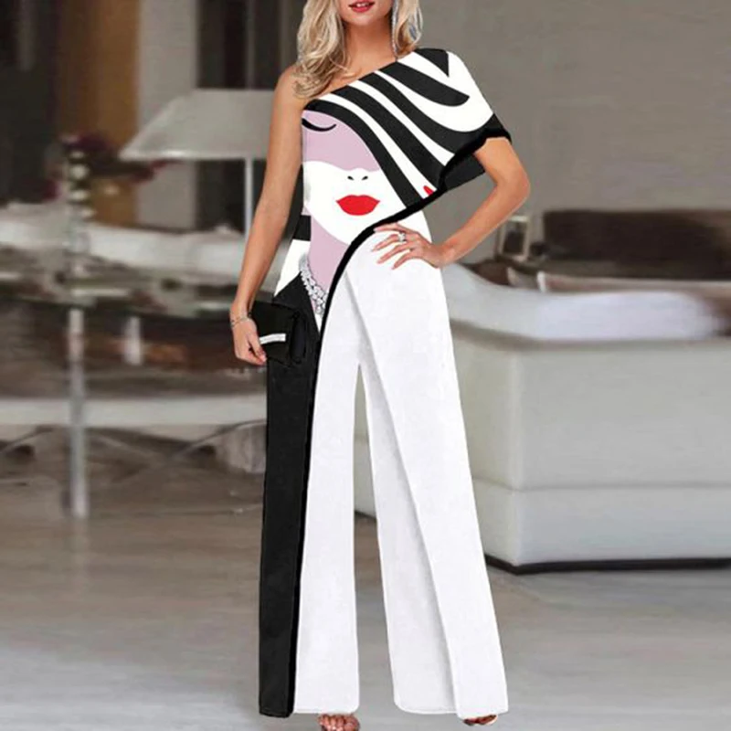 

Летний длинный комбинезон на одно плечо, сексуальный комбинезон, с широкими штанинами, с косым воротником, винтажный офисный комбинезон с п...