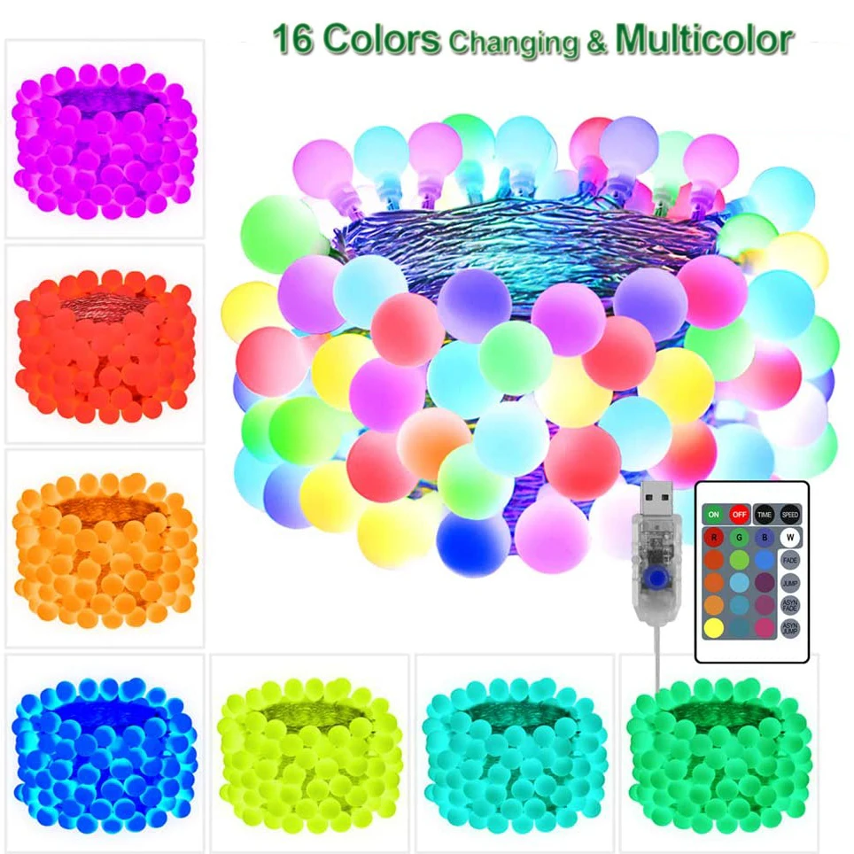 16 Color Changing Ball Stirng Light 10M 60leds Usb Remote Globe Fairy Garland Xmas Wedding Outdoor Street Festival Decor Lamps