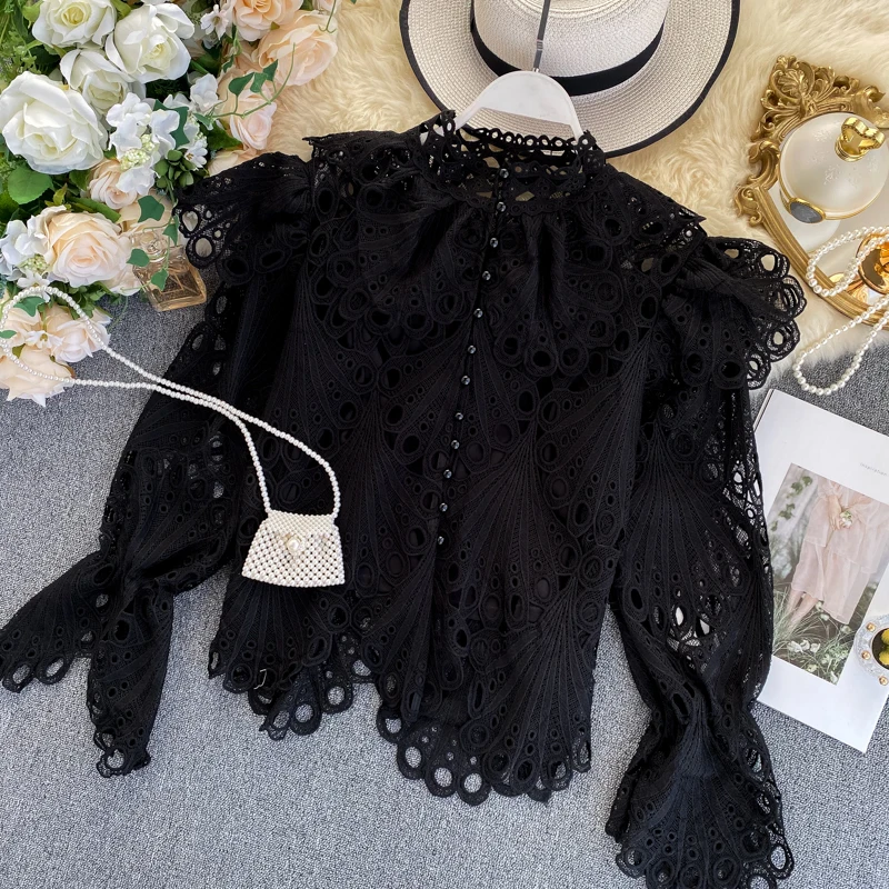 Women's French Vintage Lace Shirt Spring Autumn Hollow Ruffled Flare Sleeve Stand Collar Tops Single-breasted ML637 | Женская одежда