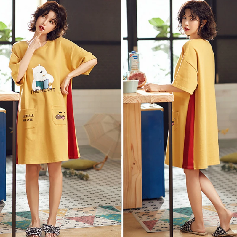 

Nightgowns Women Pocket Summer Short Sleeve Leisure Simple Womens Sleepshirts Breathable Ins Printed Soft Sleepwear Nightwear