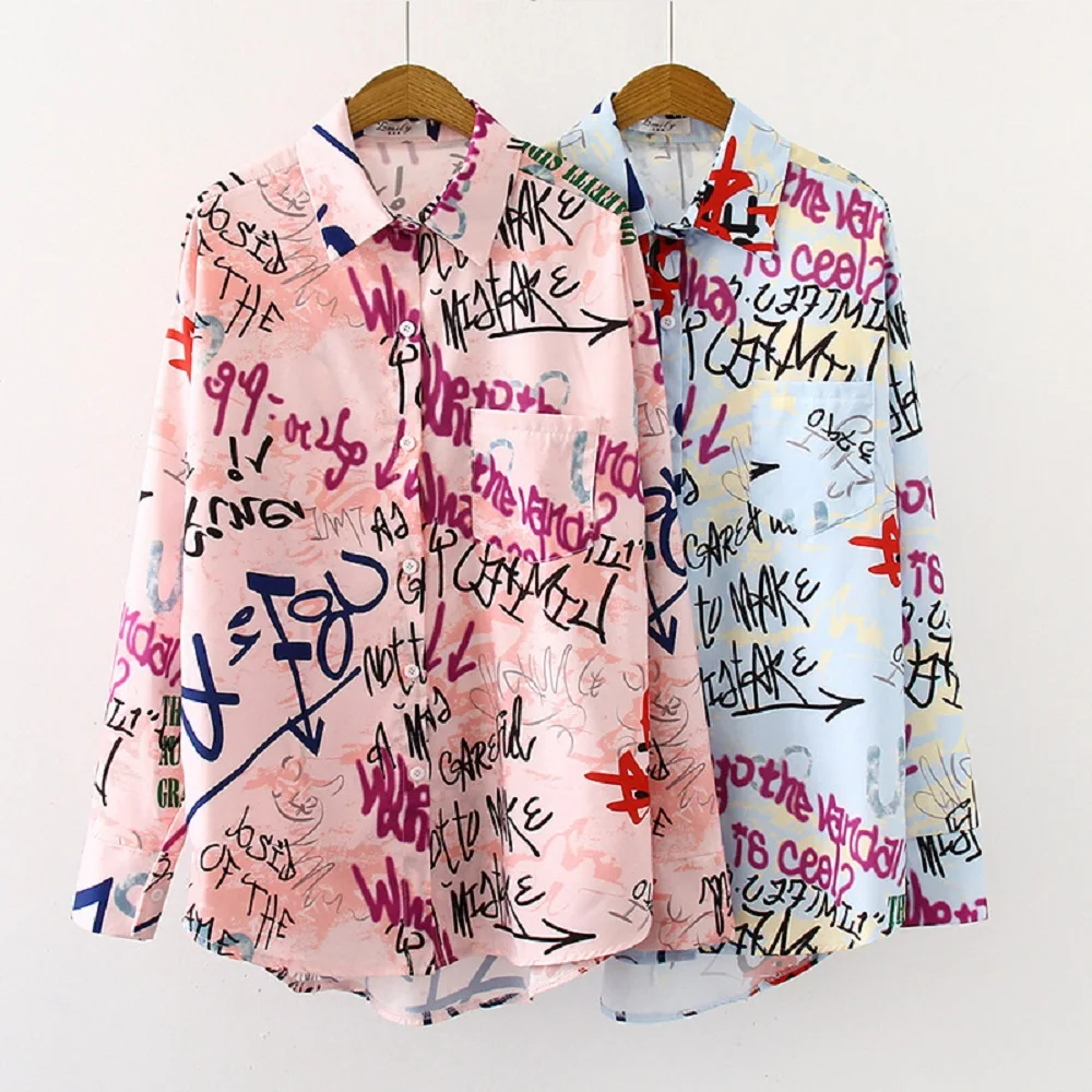 

Graffiti Print Blouse autumn Lapel long sleeve oversize office elegant blouse casual top and shirt