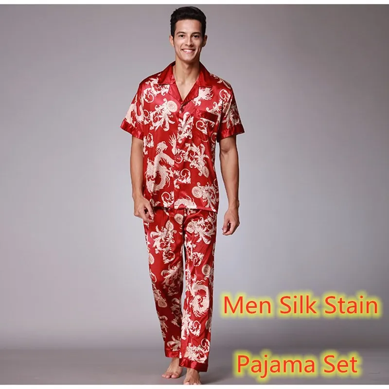Men's Stain Sleepwear Sets Summer Silk Pajamas for Men Short Sleeve T-Shirt Trousers Homewear Blue Gray Black Nightwear for Men