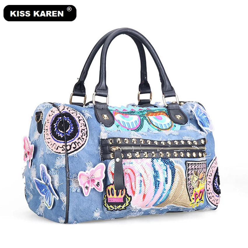 Женская джинсовая сумка с вышивкой черная или синяя Повседневная Сумка-тоут