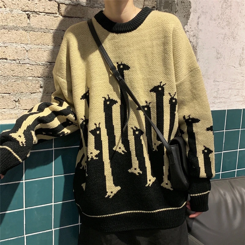 

Korean O Neck Long Sleeve Loose Pullover Thick Knitwear Sweater Fashion Giraffe Print Autumn Winter Knitted Sweater Women