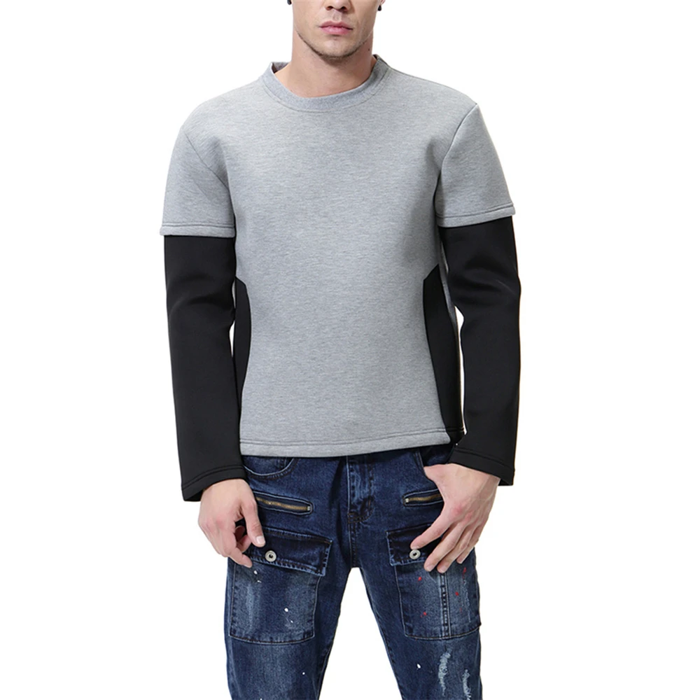 

Fake Two Piece Patchwork Sweatshirts Crew Neck Casual Tops Pullover Winter Autumn Sports Jacket Outwear Men's Sweatshirt